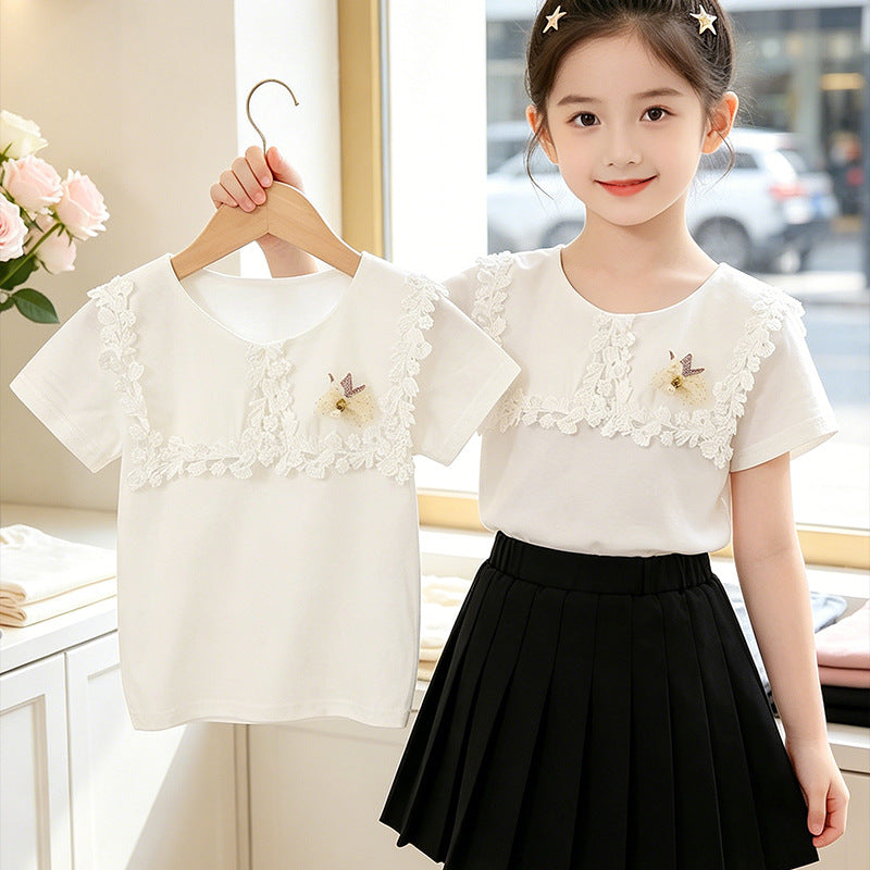 Mädchen T-Shirt mit floralen Häkel-Applikationen EB