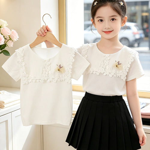 Mädchen T-Shirt mit floralen Häkel-Applikationen EB