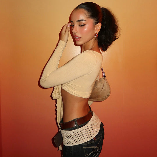 Damen Crop-Top mit verspieltem Bindeband und langen Ärmeln EB