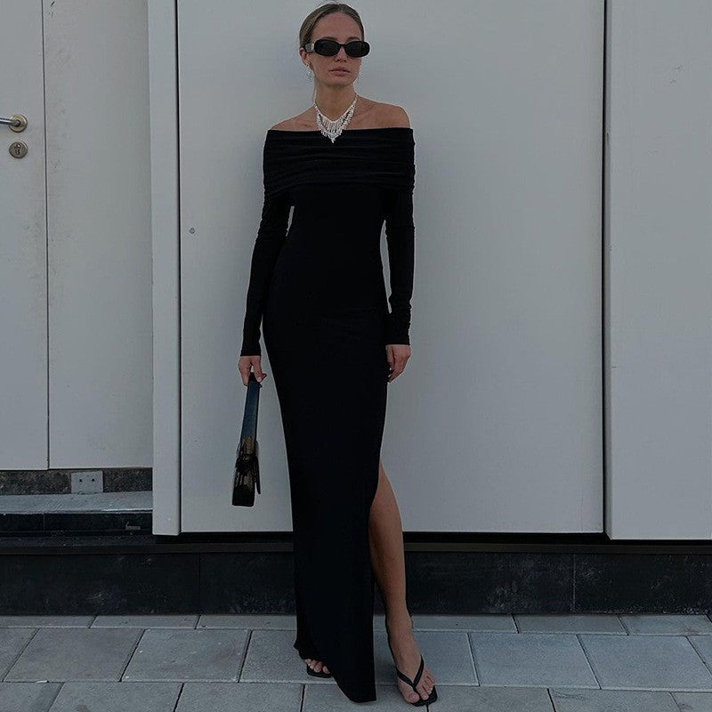 Damen Elegantes Maxikleid mit schickem Off-Shoulder-Ausschnitt und seitlichem Schlitz EB