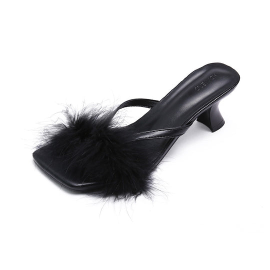 Damen Offene Mules mit dekorativem Plüschbesatz und elegantem Absatz EB