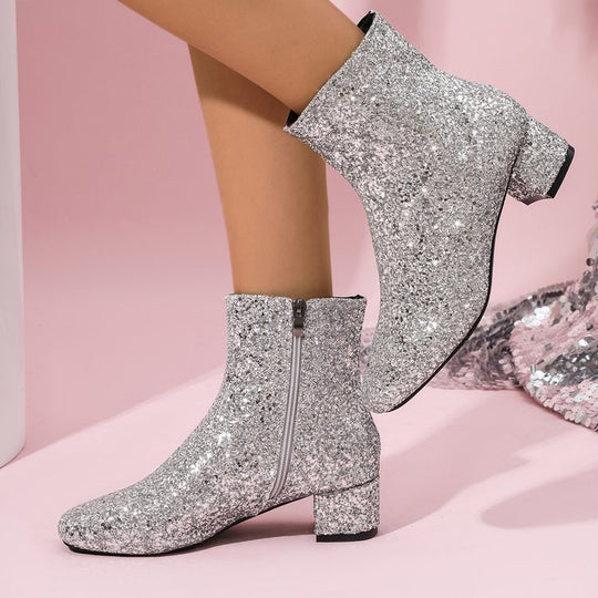 Damen glitzernde Stiefeletten mit kurzem Blockabsatz und seitlichem Reißverschluss EB