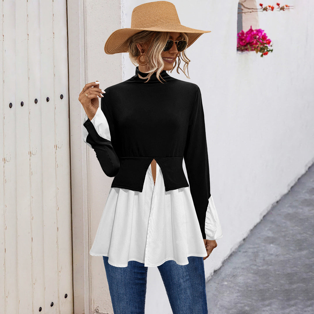 Damen Modisches Hemdblusenshirt mit hohem Kragen und asymmetrischem Schnitt EB