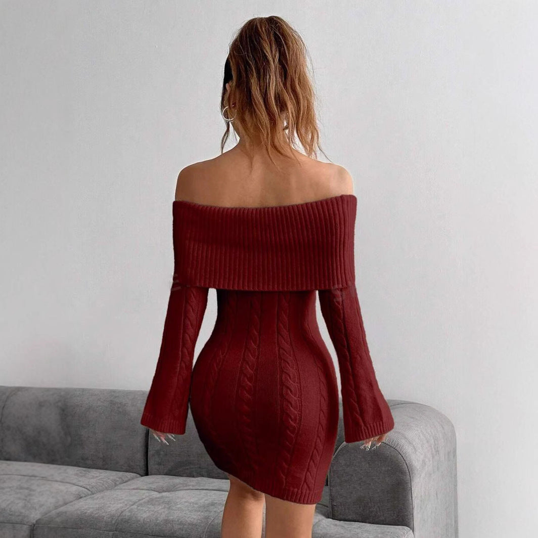 Damen figurbetontes Strickkleid mit weitem Ausschnitt EB