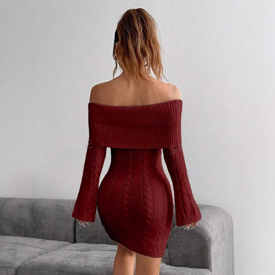 Damen figurbetontes Strickkleid mit weitem Ausschnitt EB