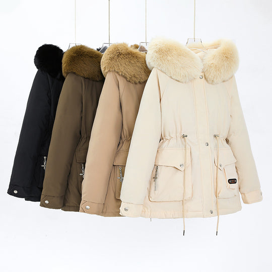 Damen nan kurzer Thermo-Parka mit voluminösem Schalkragen in Webpelzoptik und taillierendem Tunnelzug EB