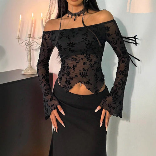 Damen Elegantes Off-Shoulder Oberteil mit floralem Spitzenmuster und ausgestellten Ärmeln EB