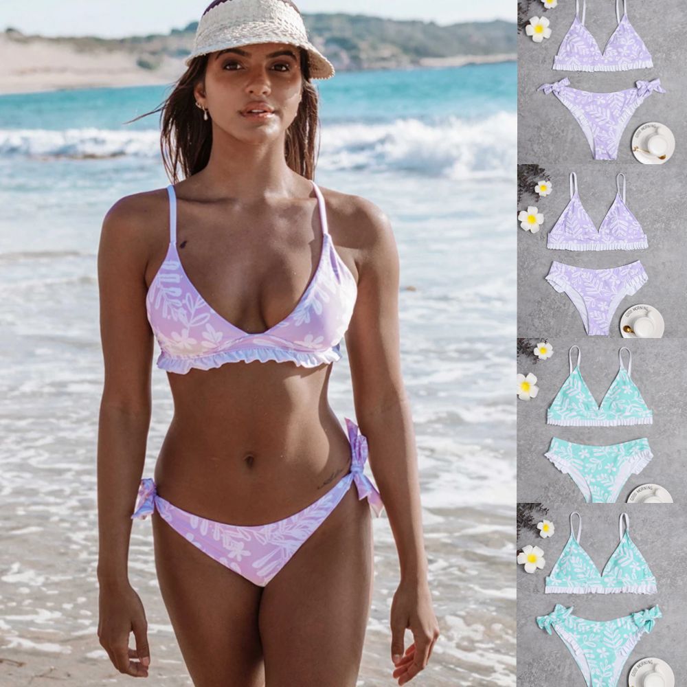 Damen Triangel-Bikini mit verspielten Rüschendetails und floralem Druck EB