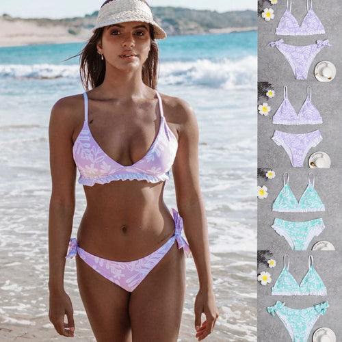 Damen Triangel-Bikini mit verspielten Rüschendetails und floralem Druck EB