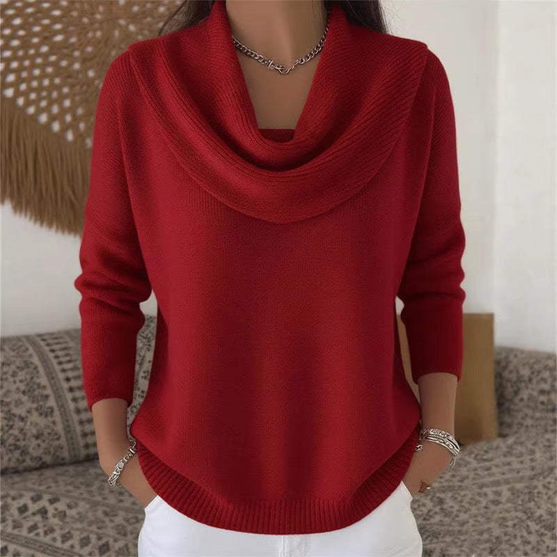 Damen nan fein gestrickter Pullover mit Wasserfallkragen und geripptem Saum EB