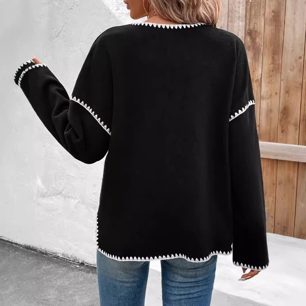 Damen modische Strickjacke mit dekorativem Kontrastbesatz und großen Taschen EB
