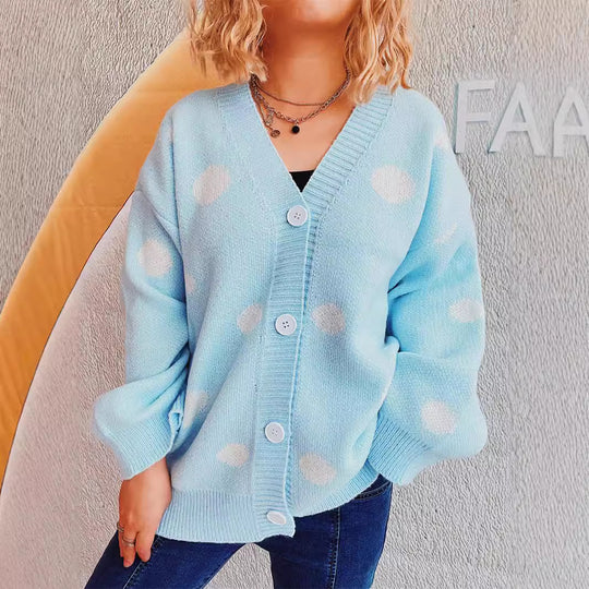 Damen lässige Strickjacke mit modernen Punkten und voluminösen Ärmeln EB