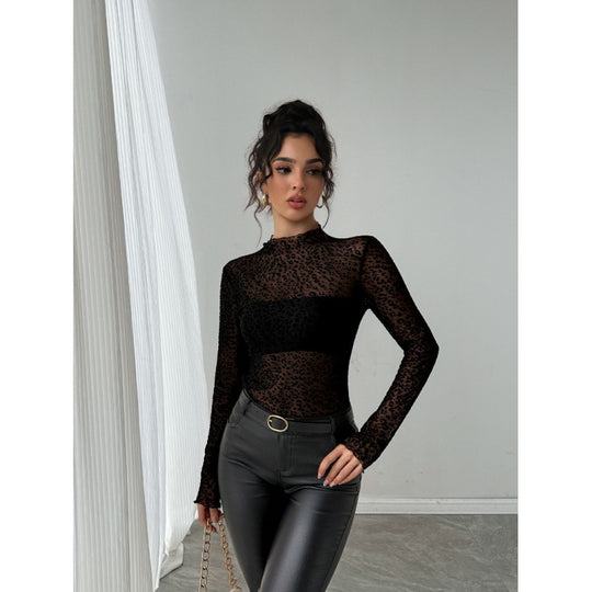 Damen Transparente Langarmbluse mit Animalprint EB