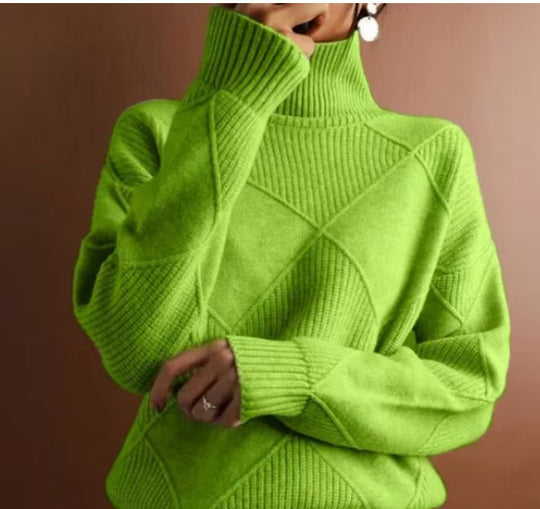 Damen hochwertiger Strickpullover mit stehendem Kragen und extravagantem Rautenmuster EB