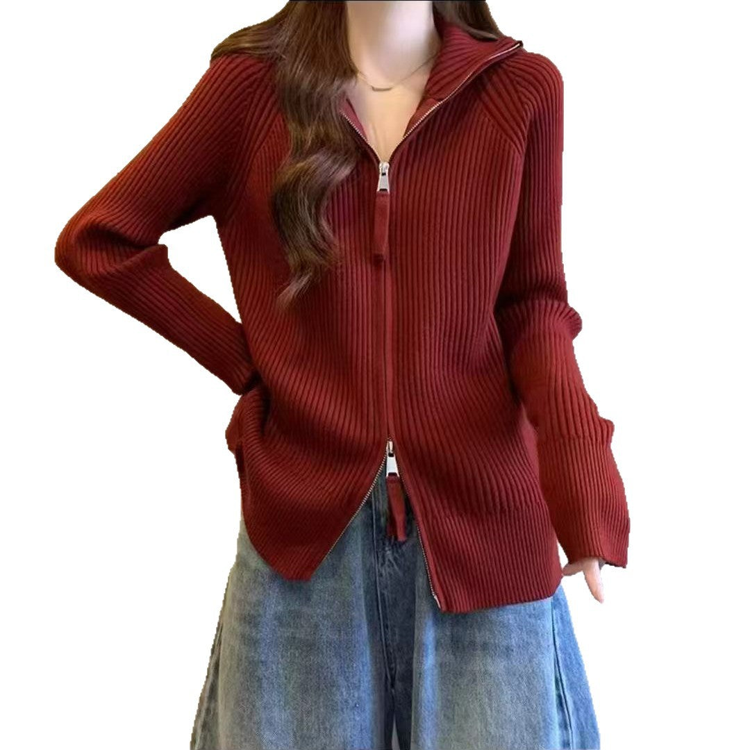 Damen Modische Strickjacke mit hohem Kragen und Reißverschluss EB
