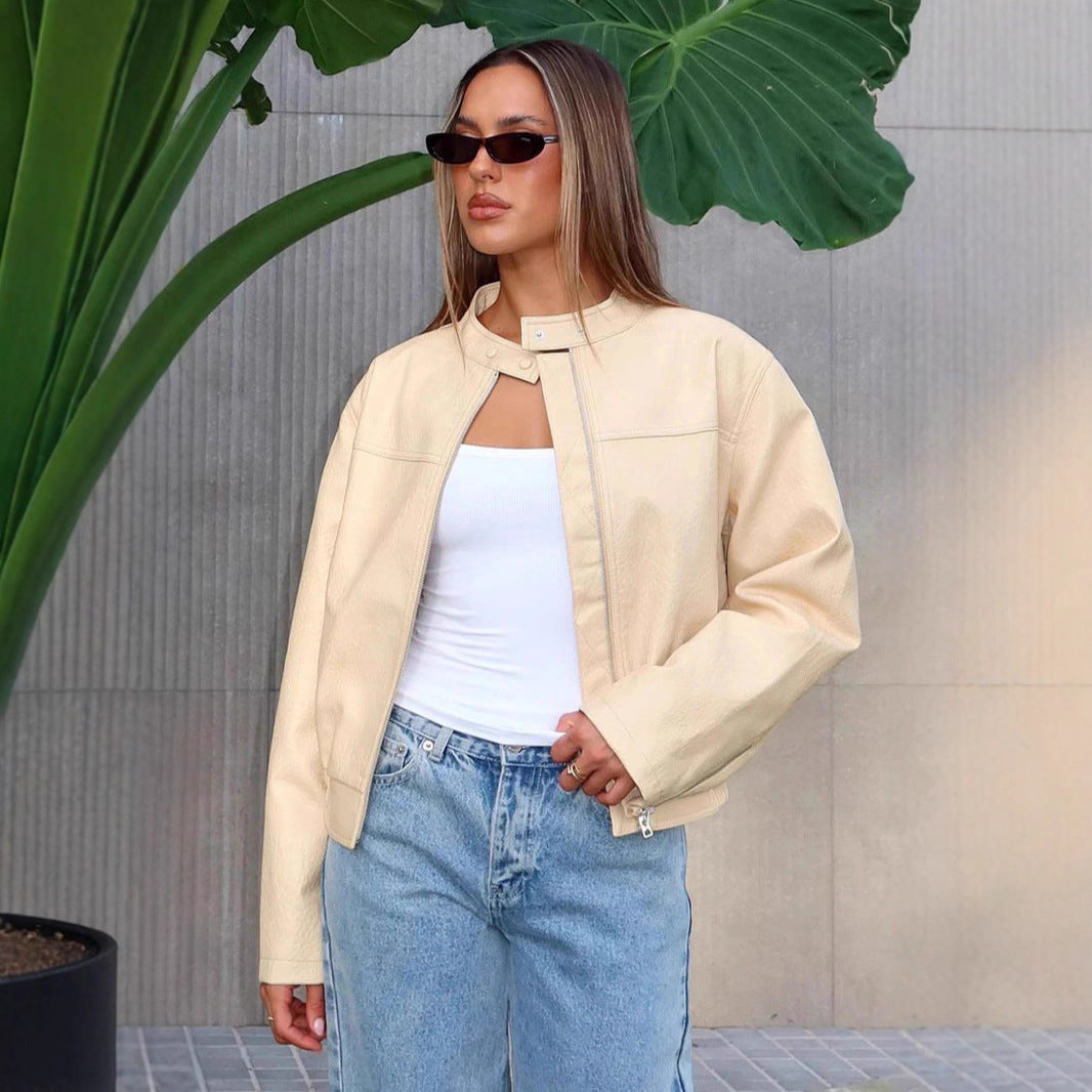 Damen Kunstleder Jacke mit elastischem Bund und hohem Stehkragen EB