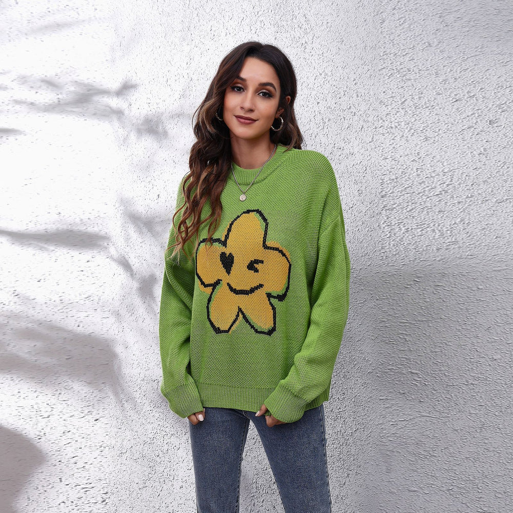 Damen Grob gestrickter Pullover mit floralem Motiv und lässigem Schnitt EB