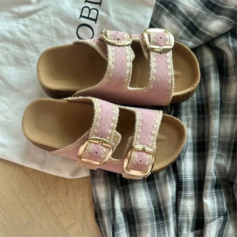 Damen Comfort-Sandalen mit zweifachen verstellbaren Riemen, gepolstertem anatomischem Fußbett und goldener Metallschnalle EB