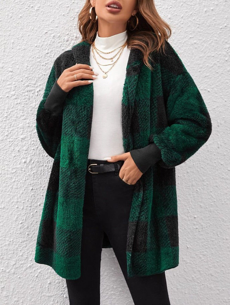 Damen Kuschelige Fleecejacke mit Karomuster und kapuziertem Design EB