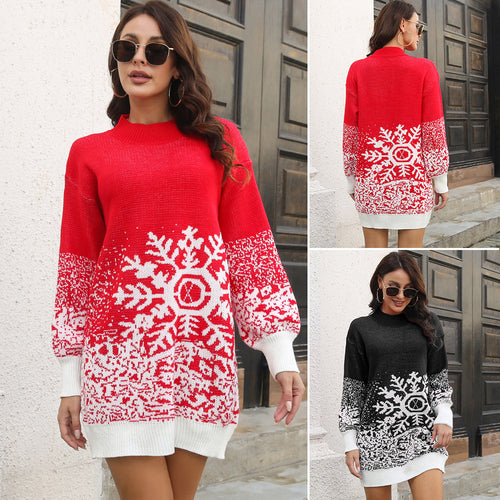 Damen Weihnachtsstrickkleid mit festlichem Schneeflocken-Muster EB