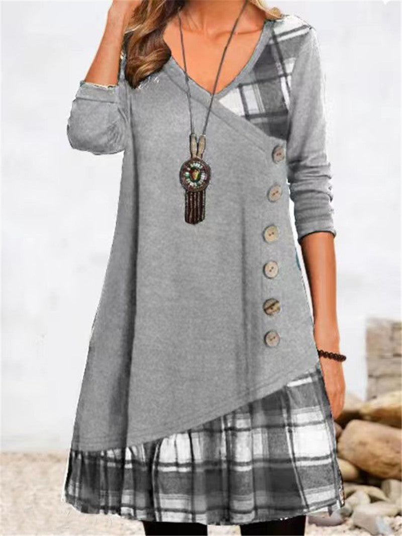 Damen asymmetrisches Freizeitkleid mit kariertem Saum und Knopfdetail EB