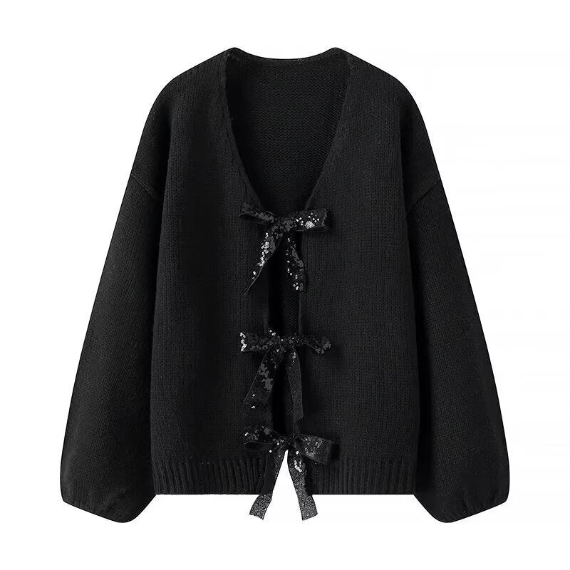 Damen luftige Strickjacke mit Schimmerndem Bindegürtel EB