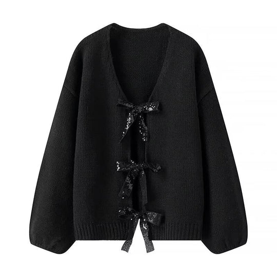 Damen luftige Strickjacke mit Schimmerndem Bindegürtel EB
