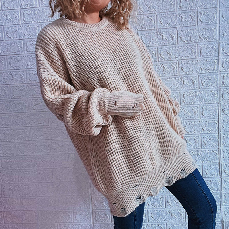 Damen Grobstrickpullover mit lässigen Rückenschlitzen und weiten Ärmeln EB