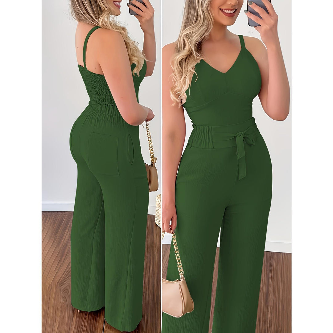 Damen eleganter Jumpsuit mit Taillengürtel und weitem Bein EB