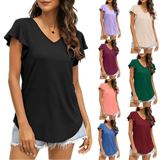 Damen V-Ausschnitt T-Shirt mit Rüschenärmeln und lässigem Schnitt EB