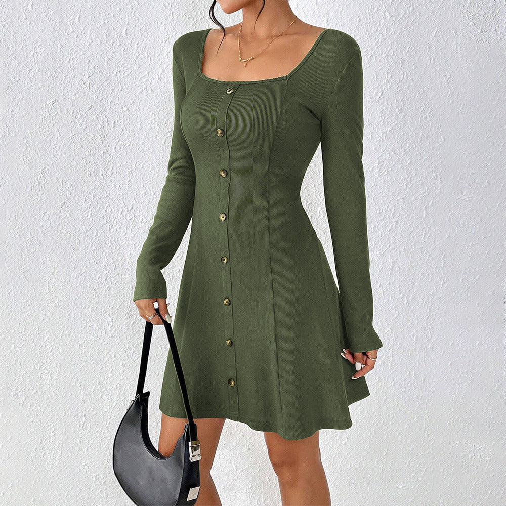 Damen ausgestelltes Strick‑Korsagenkleid mit durchgehender Knopfleiste, Square‑Neck und figurformenden Teilungsnähten Eichborn Berlin