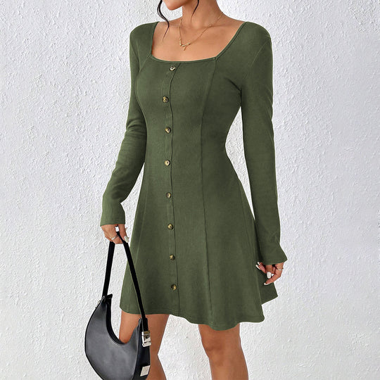 Damen ausgestelltes Strick‑Korsagenkleid mit durchgehender Knopfleiste, Square‑Neck und figurformenden Teilungsnähten Eichborn Berlin