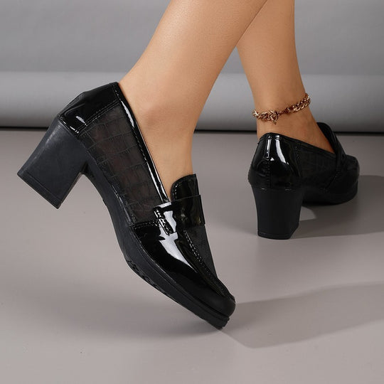 Damen Elegante und modische Ballerinas mit glänzender Oberfläche und komfortablem Blockabsatz EB