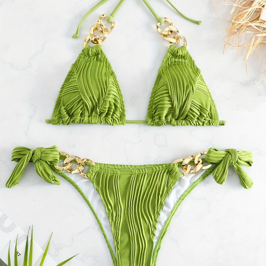 Damen Bikiniset mit luxuriösen Rüschen und goldenen Kettenakzenten EB
