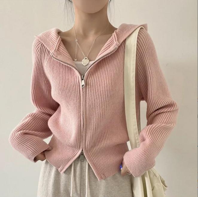 Damen lässige Strickjacke mit Kapuze und Reißverschluss EB