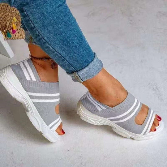 Damen Strick-Slipper mit offener Zehenpartie, atmungsaktivem Stretch-Obermaterial und leichter Komfortsohle EB