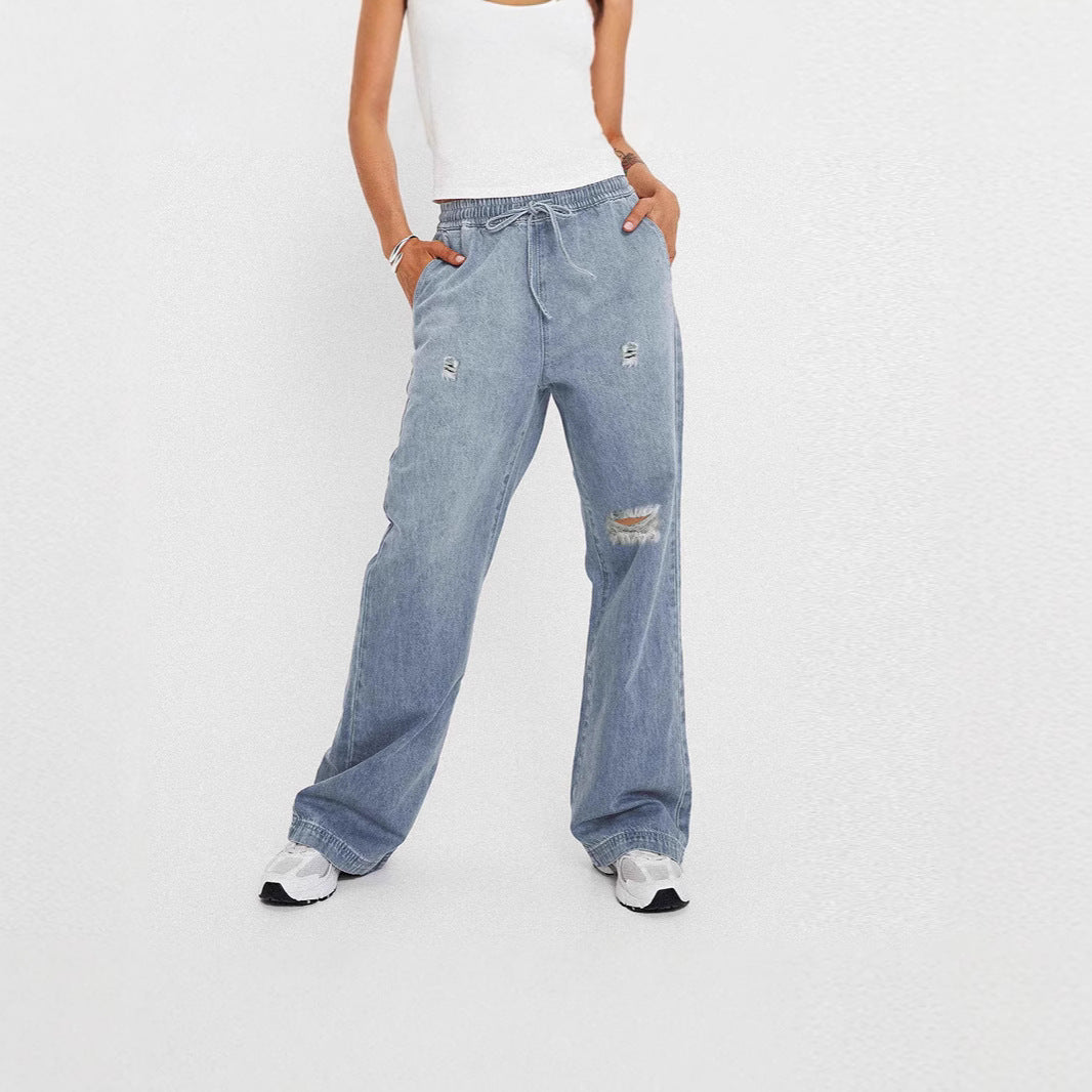 Damen lässige weite Denim-Hose mit elastischem Bund EB