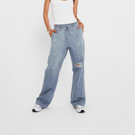 Damen lässige weite Denim-Hose mit elastischem Bund EB