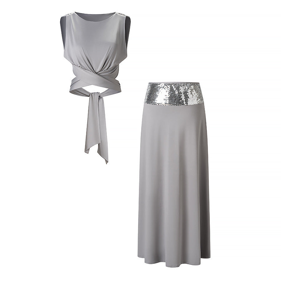 Damen elegantes Wickeloberteil und maxilanger Rock mit Paillettenbund EB