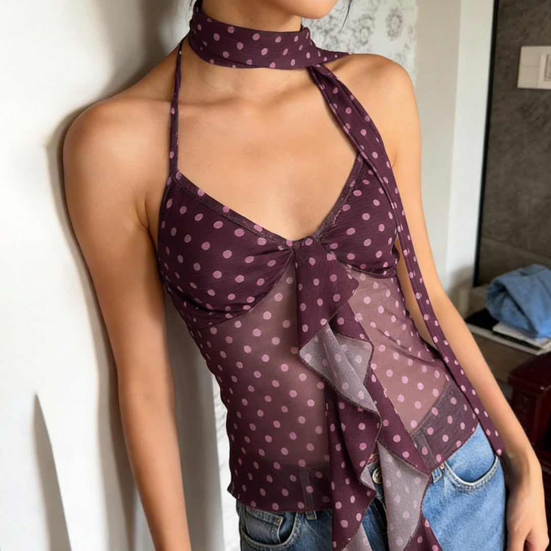 Damen luftiges Haltertop mit verspieltem Punkte-Design und Rüschendetails EB