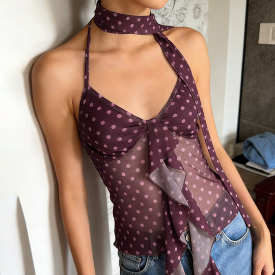 Damen luftiges Haltertop mit verspieltem Punkte-Design und Rüschendetails EB