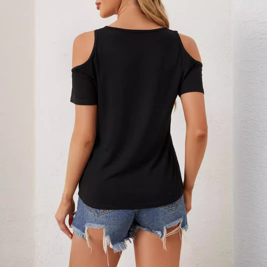 Damen nan leichtes Jerseyshirt mit offenen Schultern, tiefem V-Ausschnitt und gehäkeltem V‑Einsatz EB