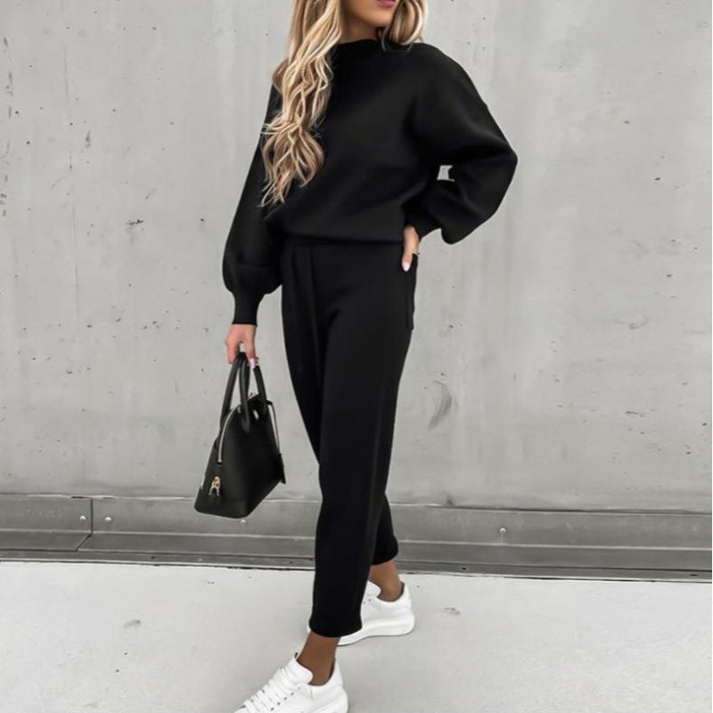 Damen Strick-Loungewear-Set mit Ballonärmeln und taillierter Jogginghose EB