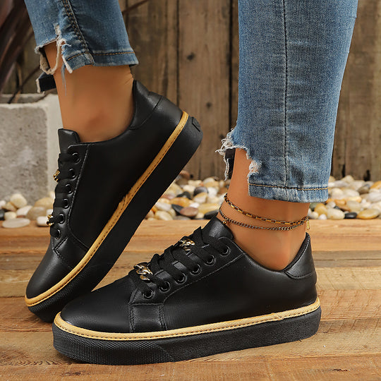 Damen modische Schnürsneaker mit goldener Kettenverzierung EB