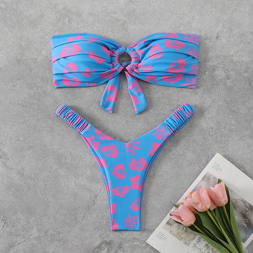 Damen Bandeau-Bikini mit raffiniertem Blumenmuster EB