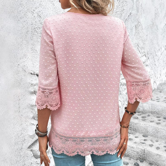 Damen nan feminine Chiffon-Tunika mit Pünktchenrelief, V-Ausschnitt und Häkelspitzenbesatz EB
