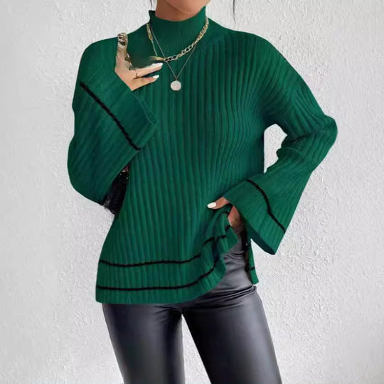 Damen eleganter Strickpullover mit hohem Kragen und weitem Ärmelabschluss EB