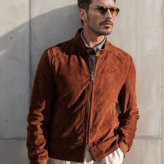 Herren elegante Wildlederjacke mit Stehkragen und seitlichen Eingrifftaschen EB