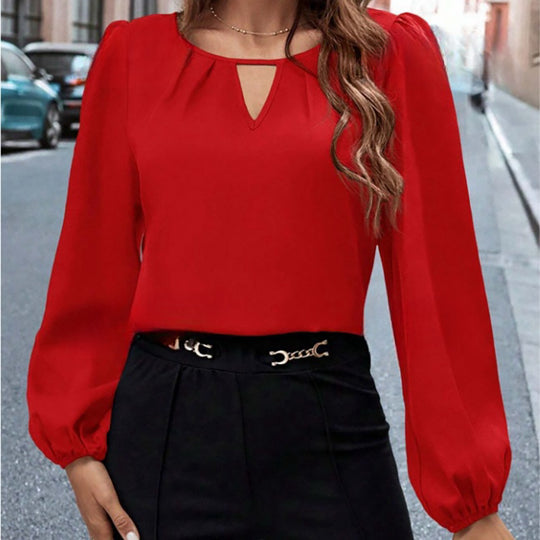 Damen elegante Bluse mit modischem Schlüsselausschnitt und raffinierten Puffärmeln EB