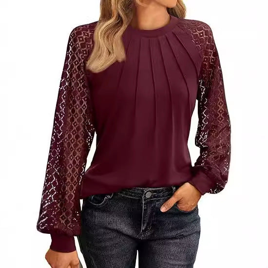 Damen Elegantes Oberteil mit dekorativen Spitzenärmeln und gerafftem Detail EB